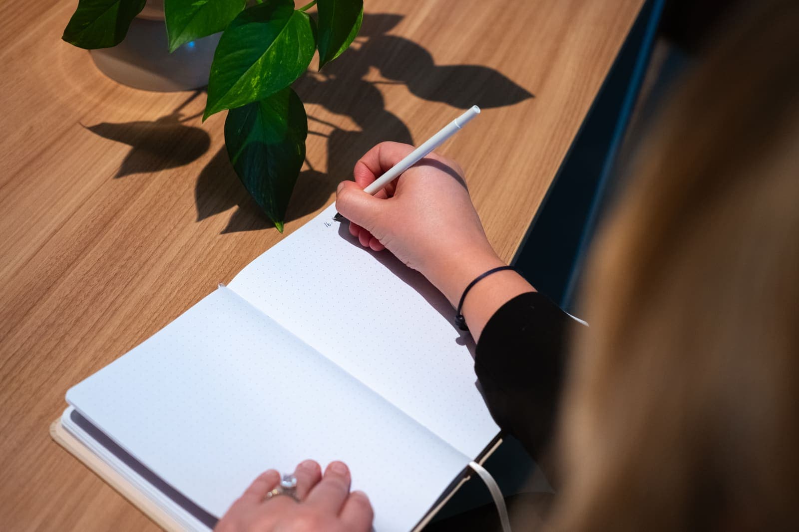 Hand writing in a notebook beside a plant on a wooden desk